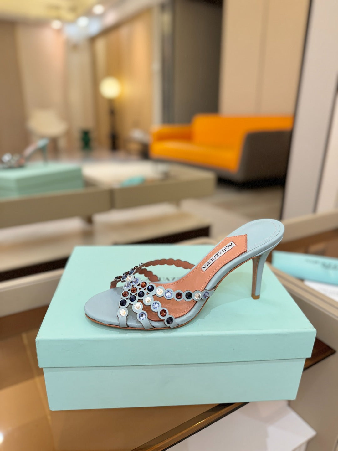 AQUAZZURA 26S TEQUILA HEELED SANDALS 85 MM IN LIGHT BLUE LAMBSKIN