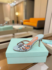 AQUAZZURA 26S TEQUILA HEELED SANDALS 85 MM IN LIGHT BLUE LAMBSKIN