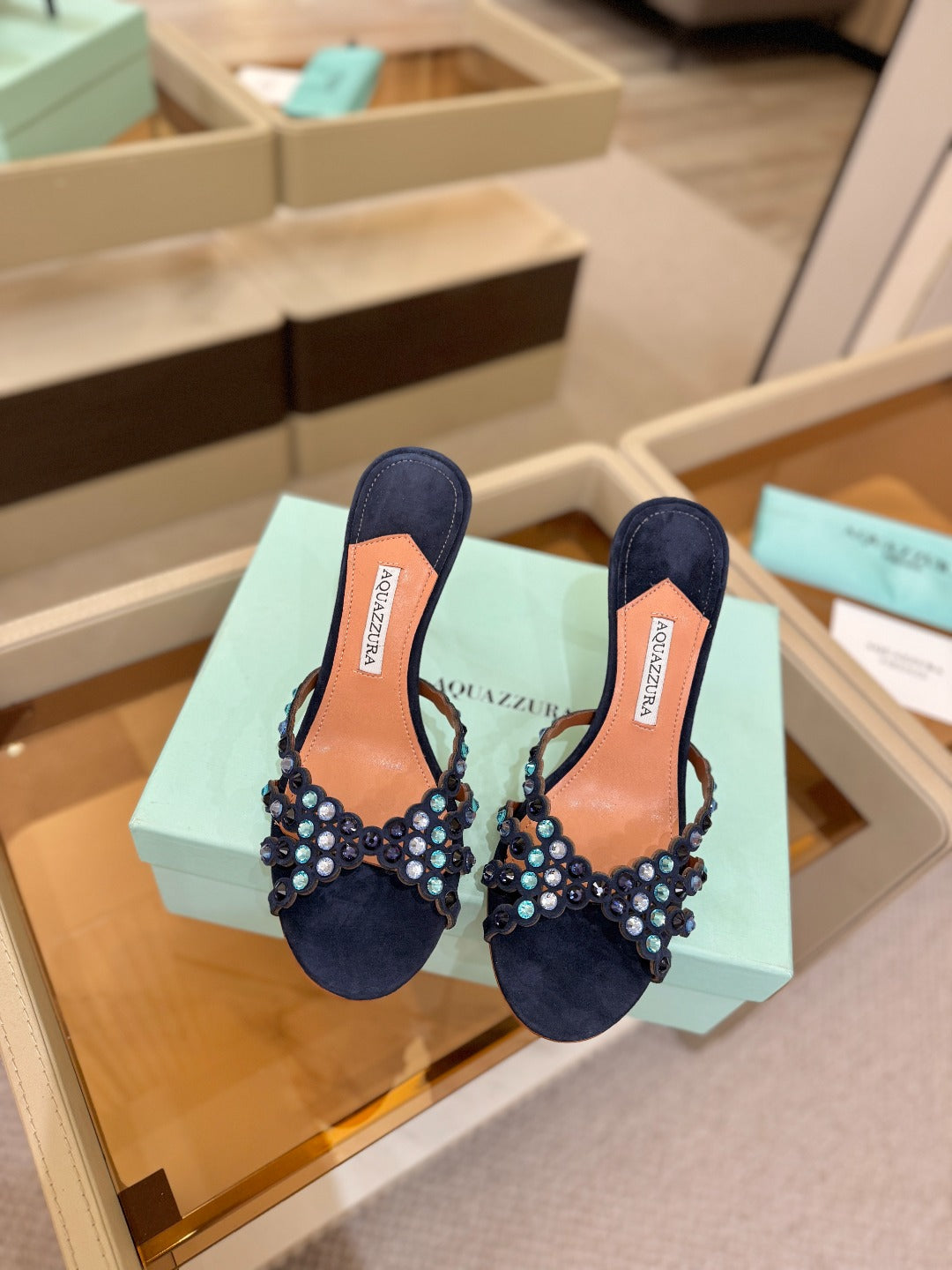 AQUAZZURA 26S TEQUILA HEELED SANDALS 85 MM IN NAYVY BLUE  SUEDE
