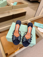 AQUAZZURA 26S TEQUILA HEELED SANDALS 85 MM IN NAYVY BLUE  SUEDE