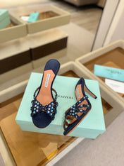 AQUAZZURA 26S TEQUILA HEELED SANDALS 85 MM IN NAYVY BLUE  SUEDE