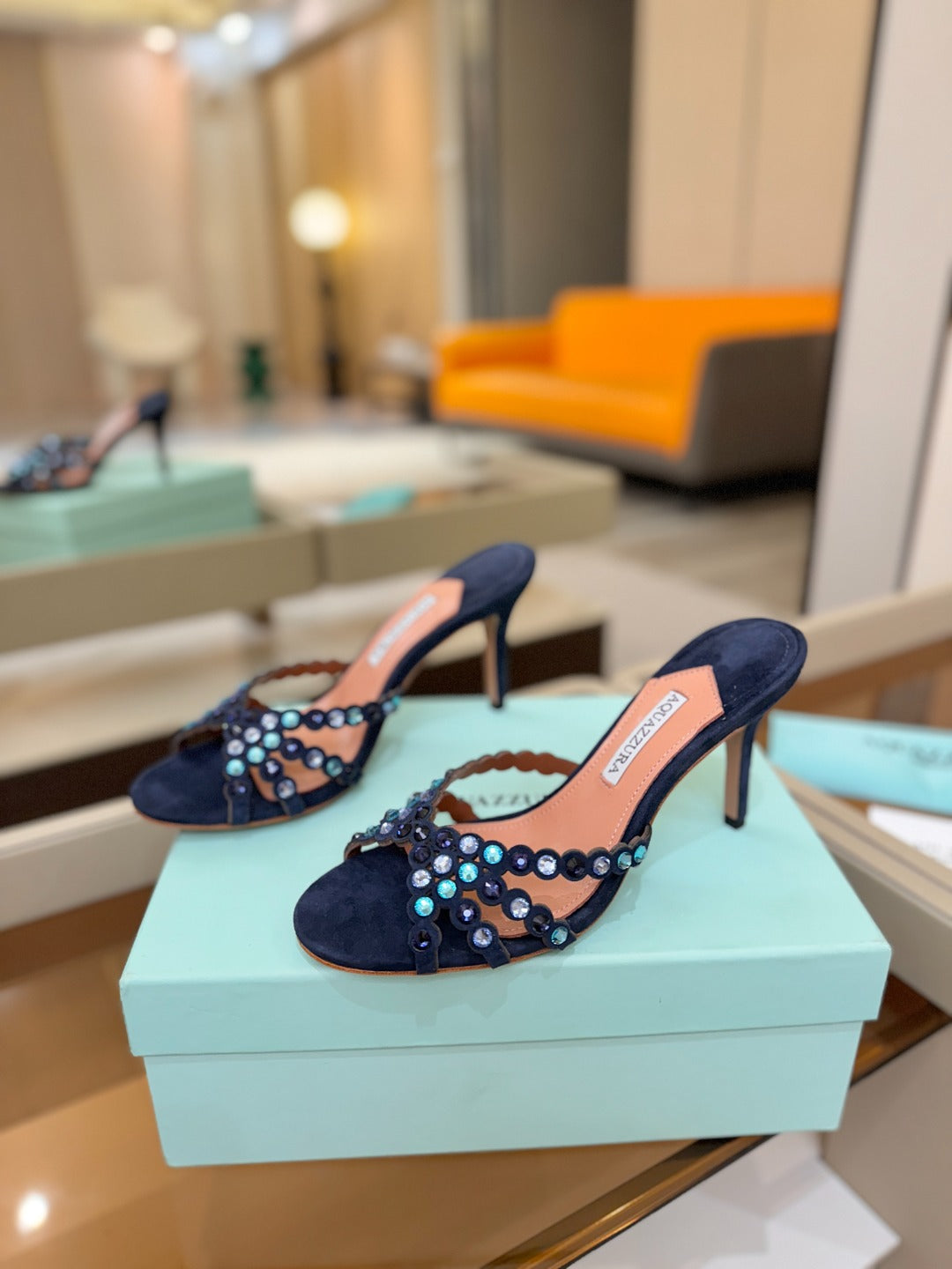 AQUAZZURA 26S TEQUILA HEELED SANDALS 85 MM IN NAYVY BLUE  SUEDE