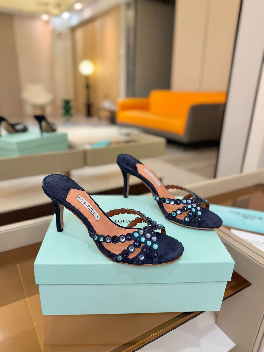 AQUAZZURA 26S TEQUILA HEELED SANDALS 85 MM IN NAYVY BLUE  SUEDE