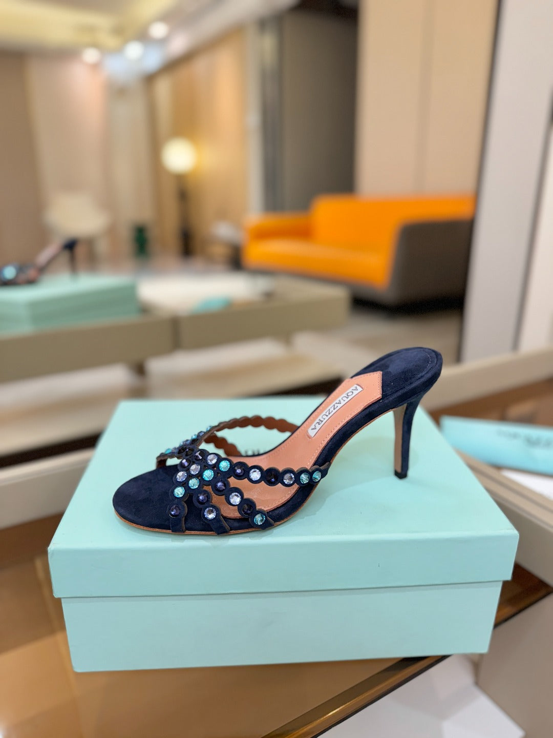AQUAZZURA 26S TEQUILA HEELED SANDALS 85 MM IN NAYVY BLUE  SUEDE