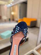 AQUAZZURA 26S TEQUILA HEELED SANDALS 85 MM IN NAYVY BLUE  SUEDE