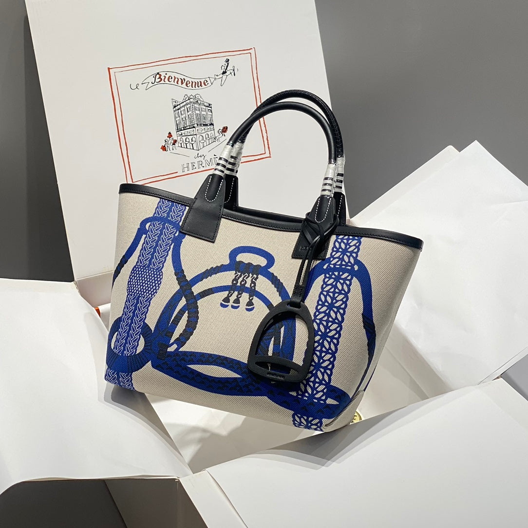 STEEPLE 28 BAG IN OFF-WHITE MIX BLUE CANVAS AND BLACK CALFSKIN