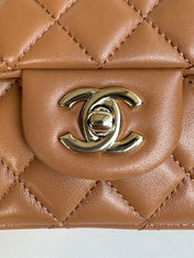 FLAP BAG 20 IN BRONZE BROWN LAMBSKIN WITH HANDLE- NEW