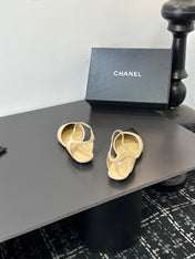 CHANEL 26S FLAT POINTED-TOE SLINGBACKS IN BEIGE AND BLACK LAMBSKIN