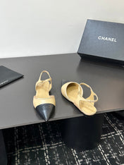 CHANEL 26S FLAT POINTED-TOE SLINGBACKS IN BEIGE AND BLACK LAMBSKIN
