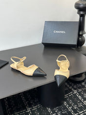 CHANEL 26S FLAT POINTED-TOE SLINGBACKS IN BEIGE AND BLACK LAMBSKIN