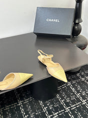 CHANEL 26S FLAT POINTED-TOE SLINGBACKS IN BEIGE AND PASTEL YELLOW LAMBSKIN