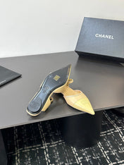 CHANEL 26S FLAT POINTED-TOE SLINGBACKS IN BEIGE AND PASTEL YELLOW LAMBSKIN