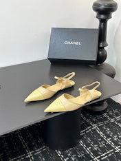 CHANEL 26S FLAT POINTED-TOE SLINGBACKS IN BEIGE AND PASTEL YELLOW LAMBSKIN