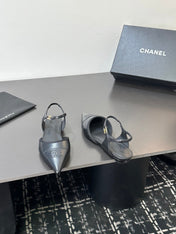CHANEL 26S FLAT SLINGBACK SHOES IN BLACK LAMBSKIN