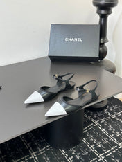 CHANEL 26S FLAT POINTED-TOE SLINGBACKS  IN BLACK AND WHITE LAMBSKIN