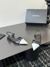 CHANEL 26S FLAT POINTED-TOE SLINGBACKS  IN BLACK AND WHITE LAMBSKIN