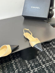CHANEL 26S POINTED-TOE SLINGBACKS IN BEIGE AND BLACK LAMBSKIN