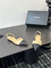 CHANEL 26S POINTED-TOE SLINGBACKS IN BEIGE AND BLACK LAMBSKIN