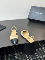 CHANEL 26S POINTED-TOE SLINGBACKS IN BEIGE AND BLACK LAMBSKIN