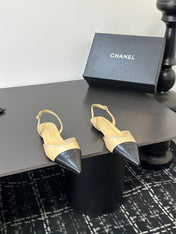 CHANEL 26S POINTED-TOE SLINGBACKS IN BEIGE AND BLACK LAMBSKIN