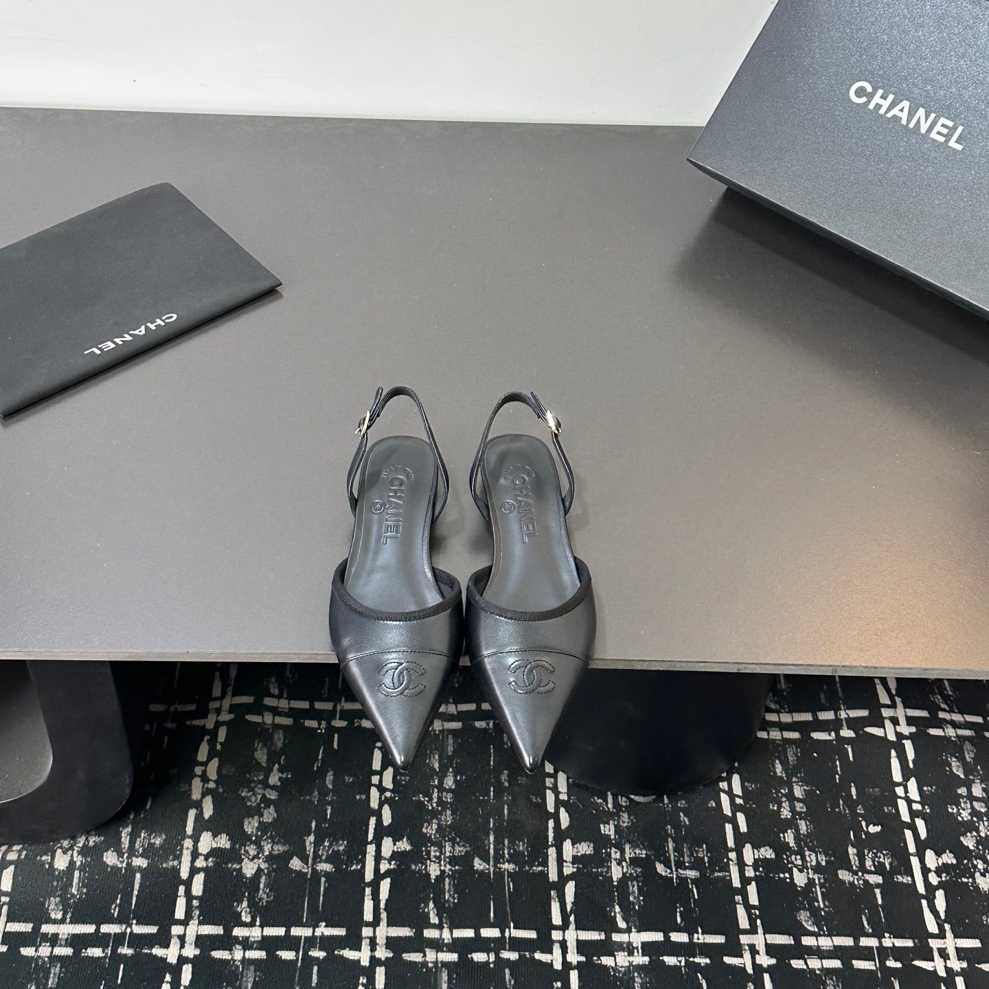 CHANEL 26S SLINGBACK FLATS IN BLACK LAMBSKIN