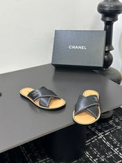 CHANEL 26S CROSS-STRAP SANDALS IN BLACK LEATHER