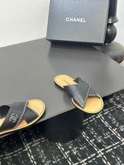 CHANEL 26S CROSS-STRAP SANDALS IN BLACK LEATHER