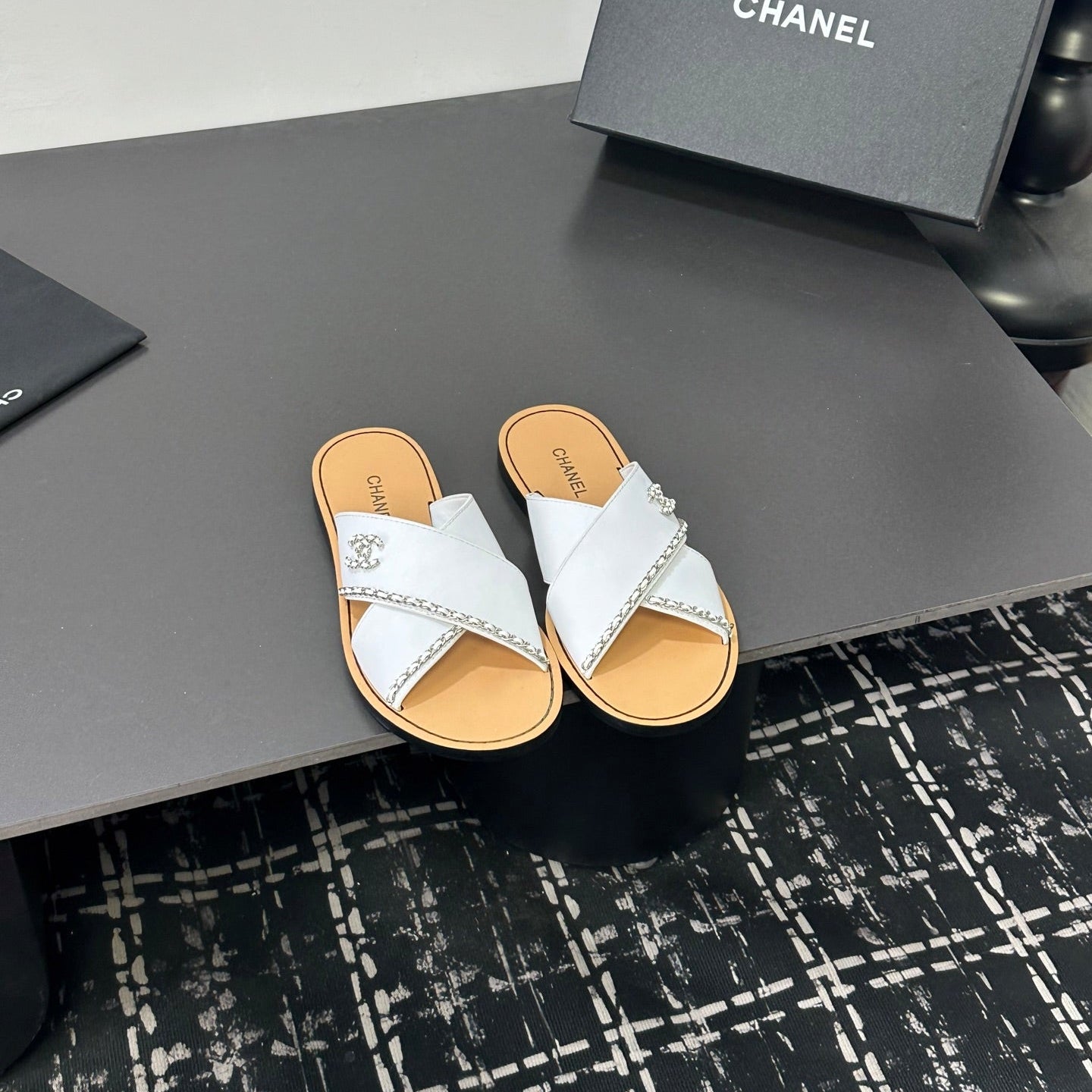 CHANEL 26S CROSS-STRAP SANDALS IN WHITE LEATHER