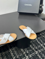 CHANEL 26S CROSS-STRAP SANDALS IN WHITE LEATHER