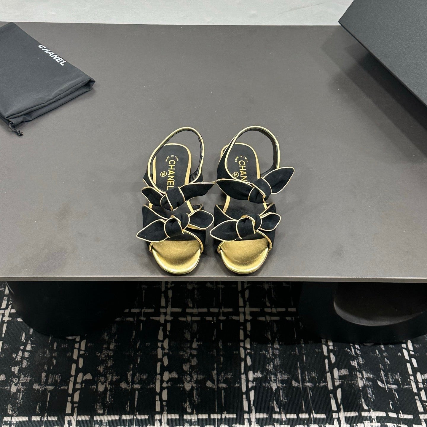 CHANEL 26S BOW SANDALS IN BLACK MIX GOLD SATIN