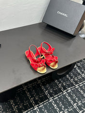 CHANEL 26S BOW SANDALS IN RED AND GOLD SUEDE