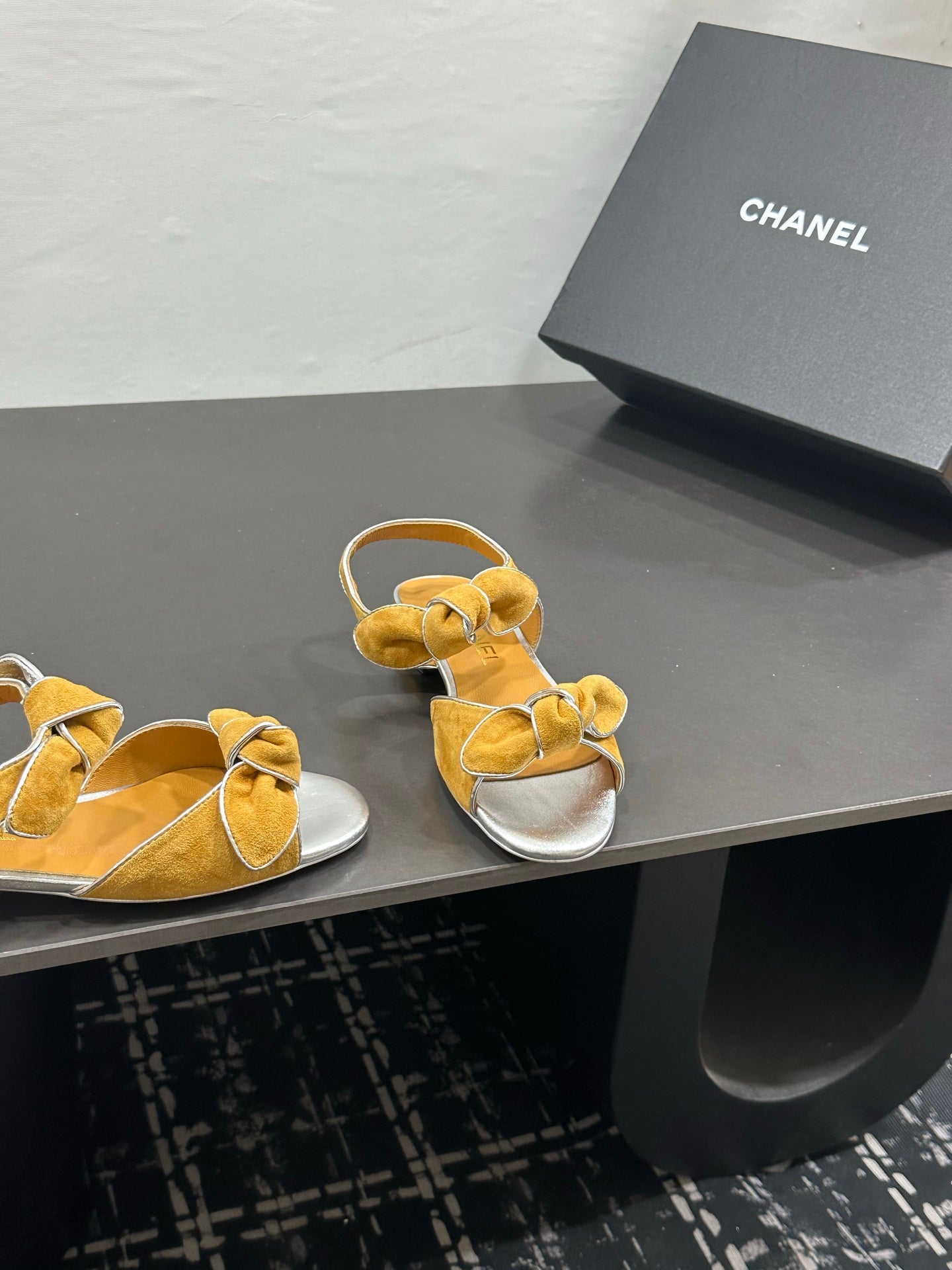 CHANEL 26S BOW SANDALS IN MUSTARD YELLOW AND SILVER SUEDE