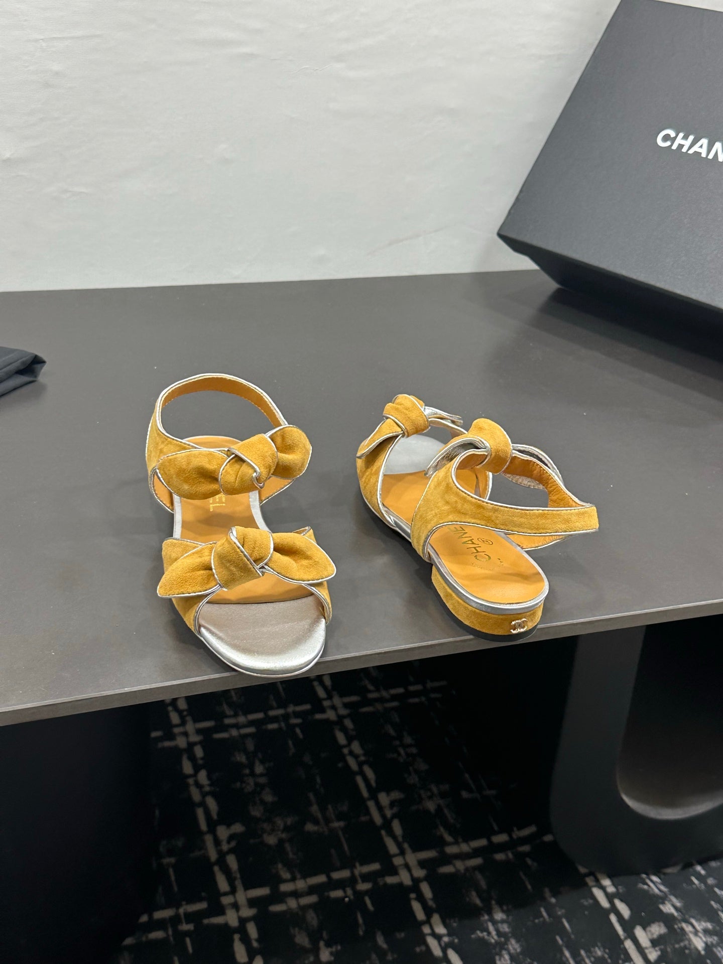 CHANEL 26S BOW SANDALS IN MUSTARD YELLOW AND SILVER SUEDE