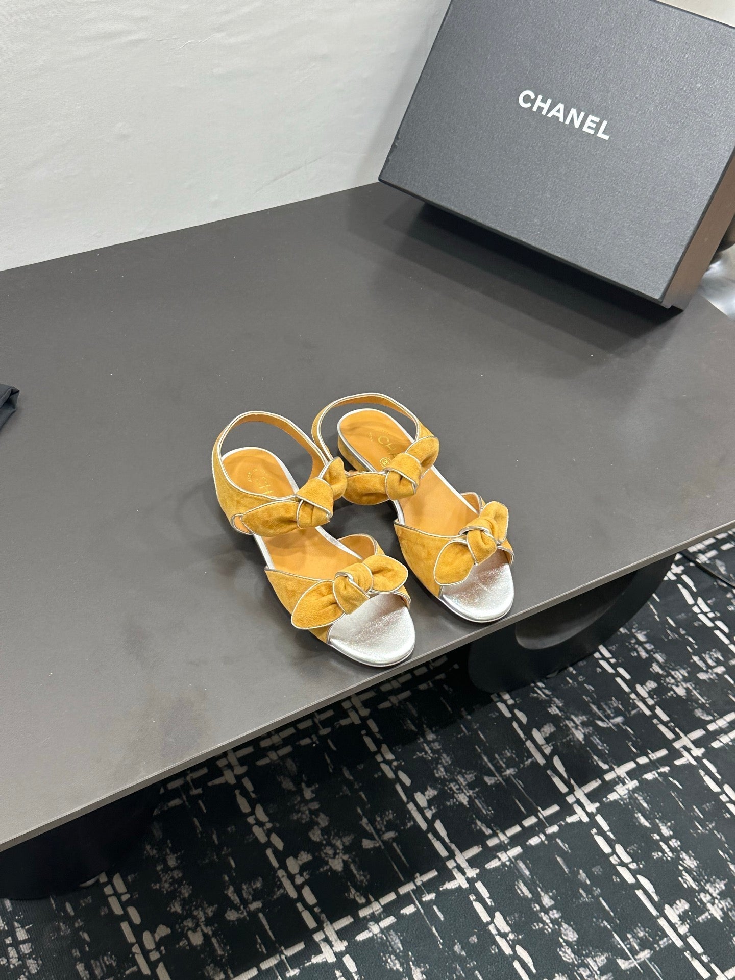 CHANEL 26S BOW SANDALS IN MUSTARD YELLOW AND SILVER SUEDE