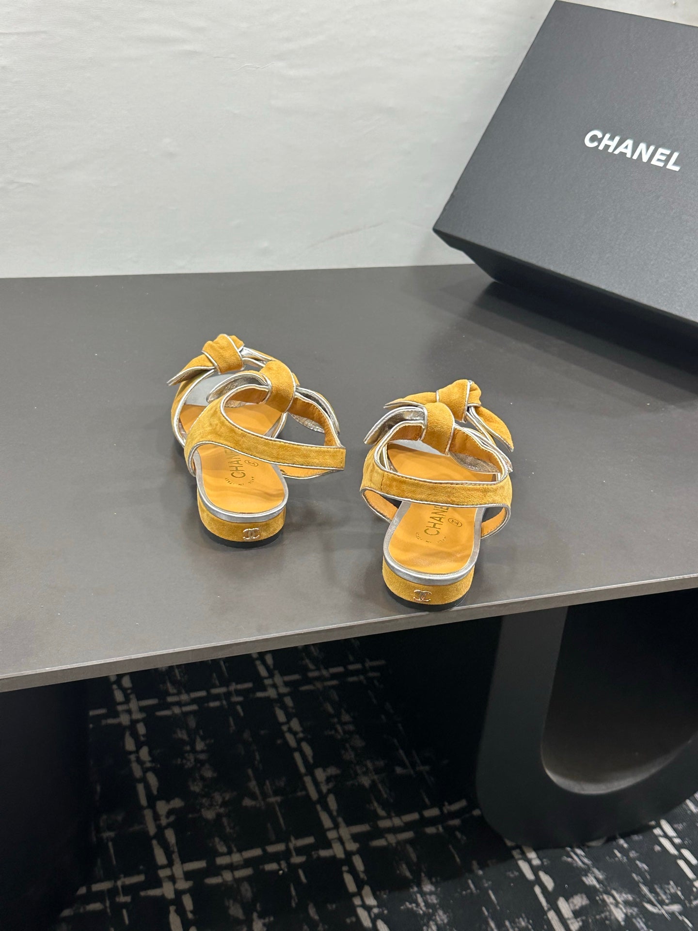 CHANEL 26S BOW SANDALS IN MUSTARD YELLOW AND SILVER SUEDE