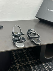 CHANEL 26S BOW SANDALS IN BLACK AND SILVER SUEDE