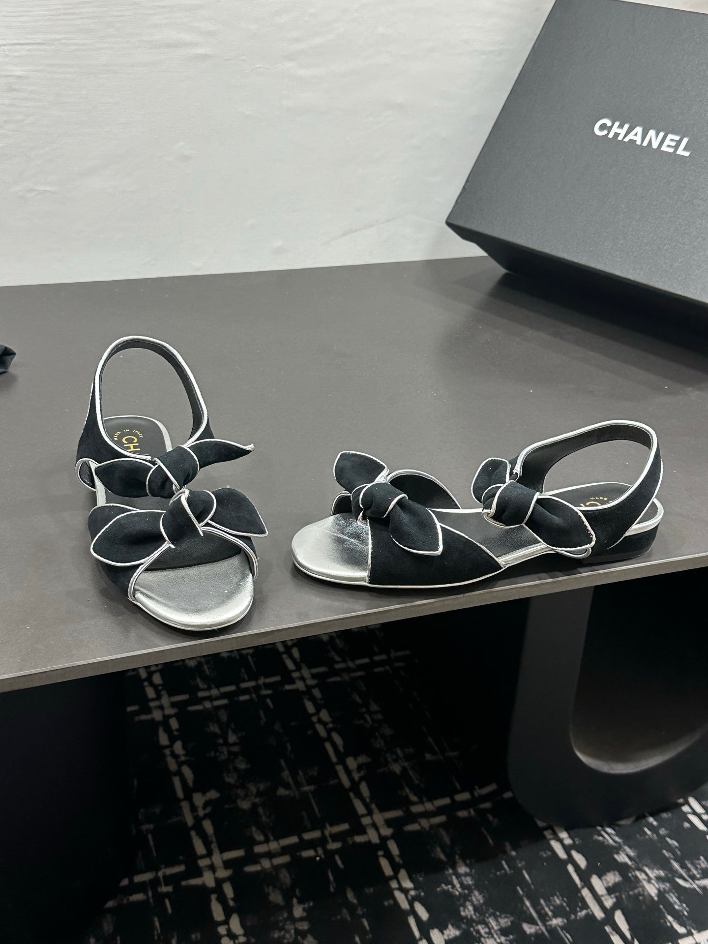 CHANEL 26S BOW SANDALS IN BLACK AND SILVER SUEDE