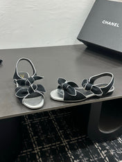 CHANEL 26S BOW SANDALS IN BLACK AND SILVER SUEDE