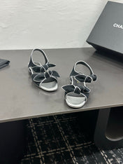 CHANEL 26S BOW SANDALS IN BLACK AND SILVER SUEDE