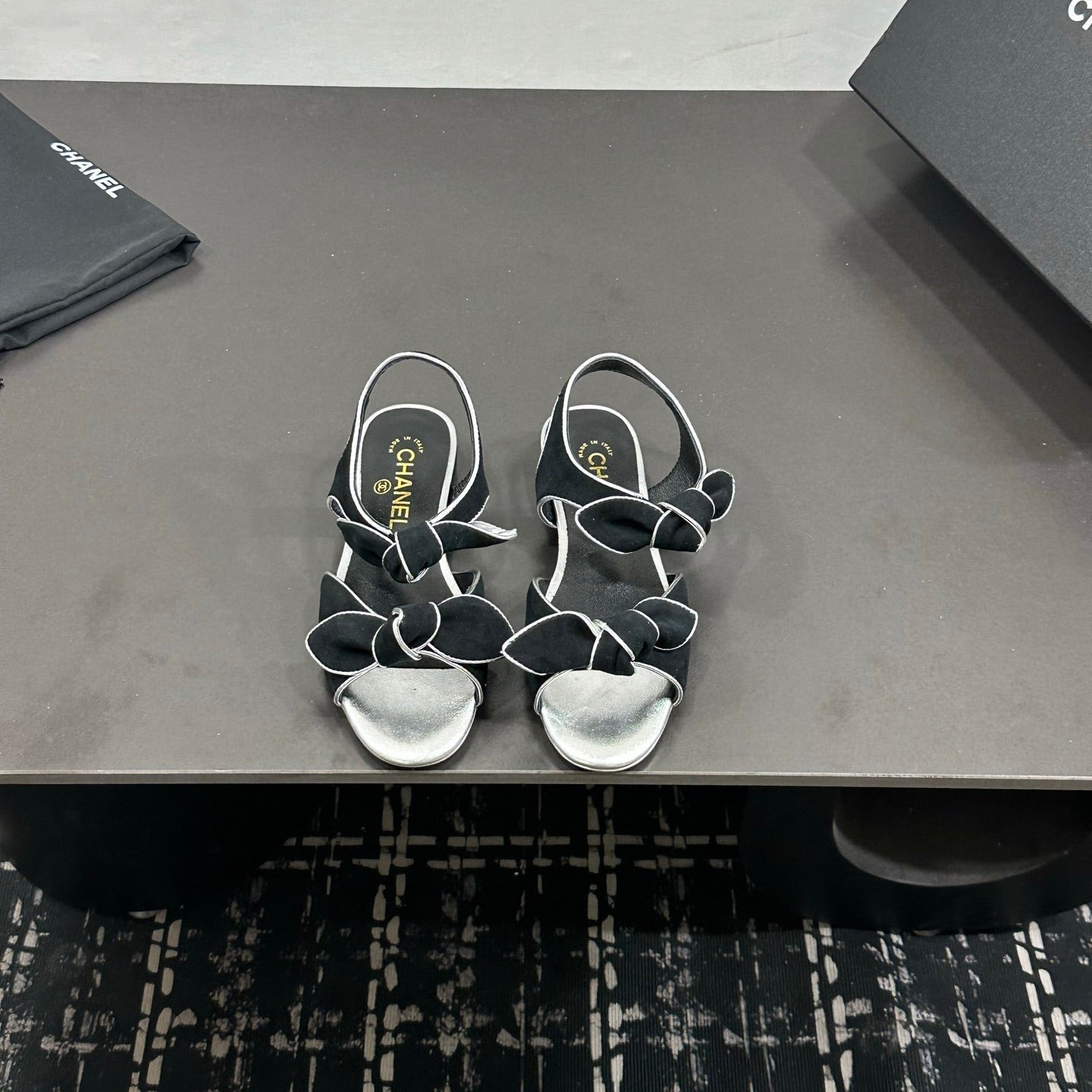 CHANEL 26S BOW SANDALS IN BLACK AND SILVER SUEDE