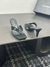 CHANEL 26S HIGH-HEEL THONG SANDALS IN BLACK SUEDE WITH FLOWER DETAIL