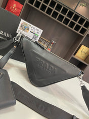 PRA TRIANGLE 27 SHOULDER BAG IN BLACK CALFSKIN WITH STRAP