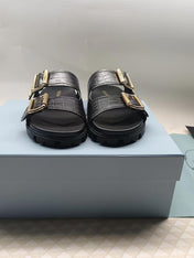PRADA 26S STRAP SLIDES IN BLACK CROC EMBOSSED CALFSKIN GOLD HARDWARE