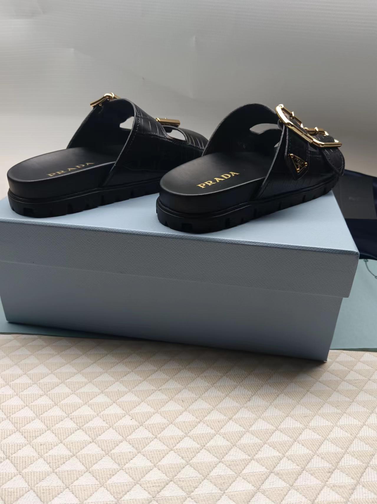 PRADA 26S STRAP SLIDES IN BLACK CROC EMBOSSED CALFSKIN GOLD HARDWARE