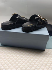 PRADA 26S STRAP SLIDES IN BLACK CROC EMBOSSED CALFSKIN GOLD HARDWARE