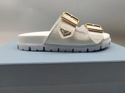 PRADA 26S STRAP SLIDES IN IVORY WHITE CROC EMBOSSED CALFSKIN GOLD HARDWARE