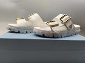 PRADA 26S STRAP SLIDES IN IVORY WHITE CROC EMBOSSED CALFSKIN GOLD HARDWARE