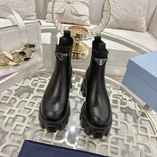 PRADA 26S MONOLITH CHELSEA BOOTS IN BLACK SHINY CALFSKIN AND FABRIC