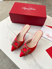 EFFLORESCENCE MULES IN RED SATIN