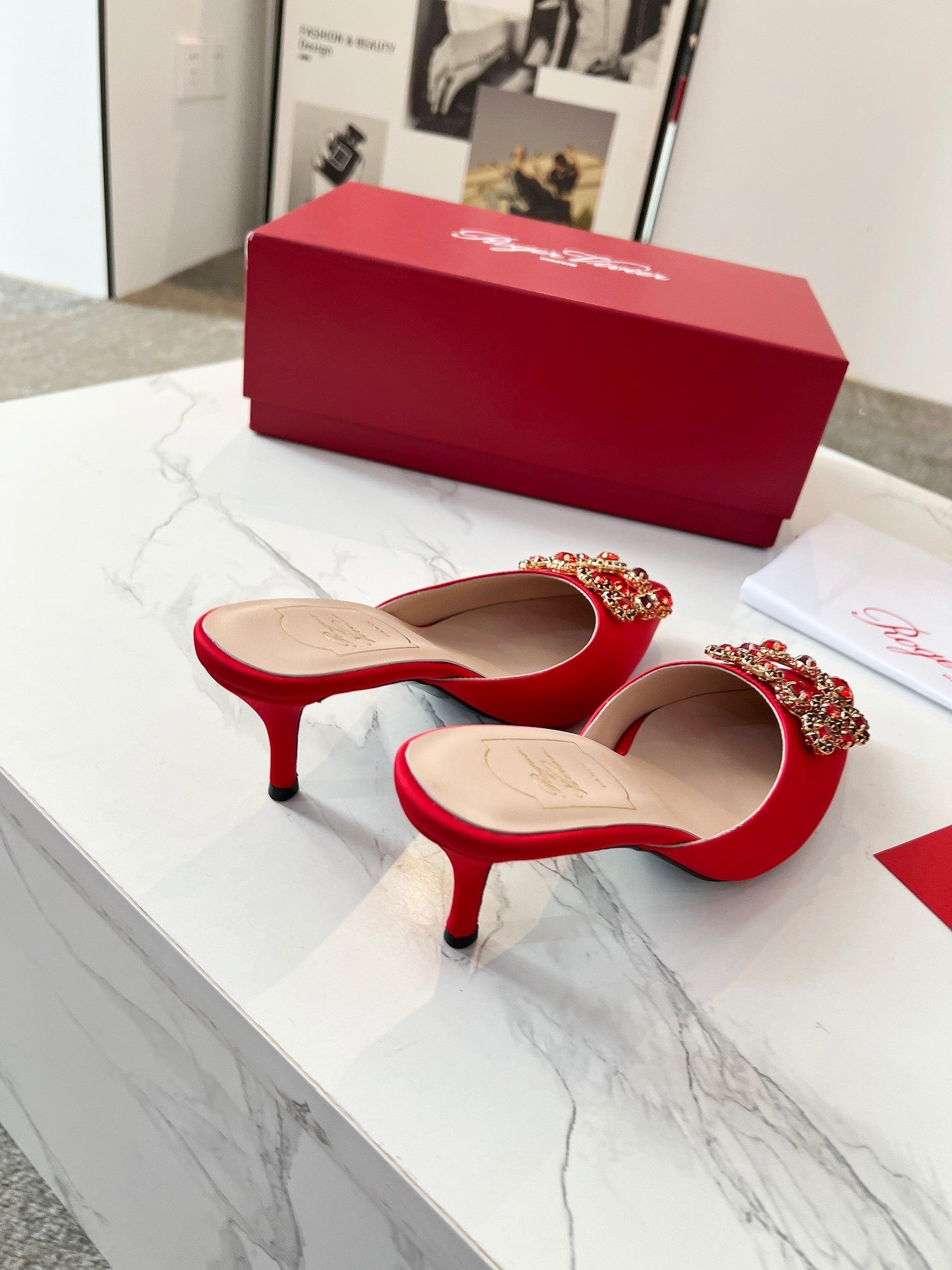 EFFLORESCENCE MULES IN RED SATIN